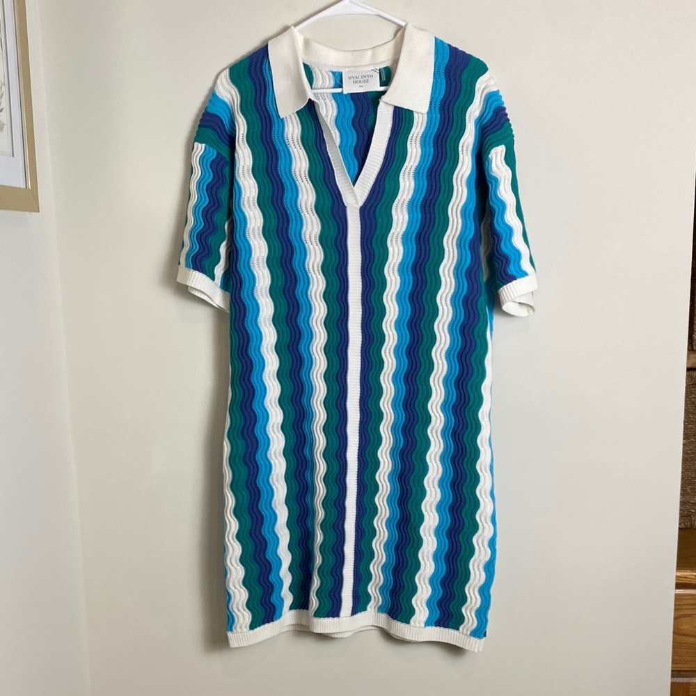 Hyacinth House Aqua Wavy Sammie Blue White Coastal Knit Mini Dress Size XXL - Picture 2 of 6